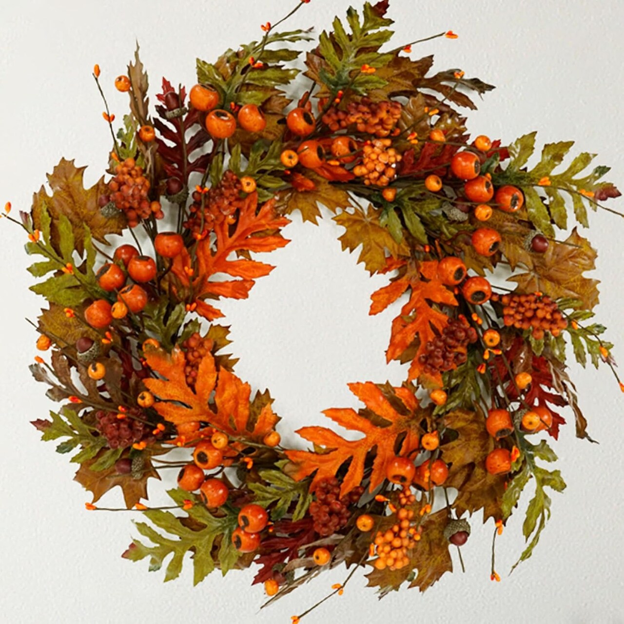 Artificial Fall Wreaths for Front Door Autumn Oak Wreath with Oak Leaves(Orange Berry With Oak Leaves B)20"D x 20"W x 5"H